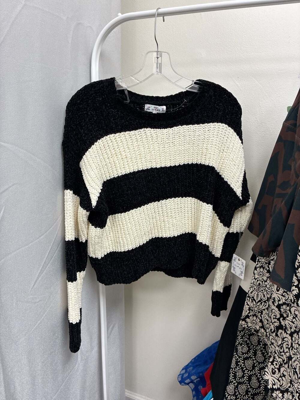 Poof New York Striped Sweater Size S Black White Fuzzy Knit